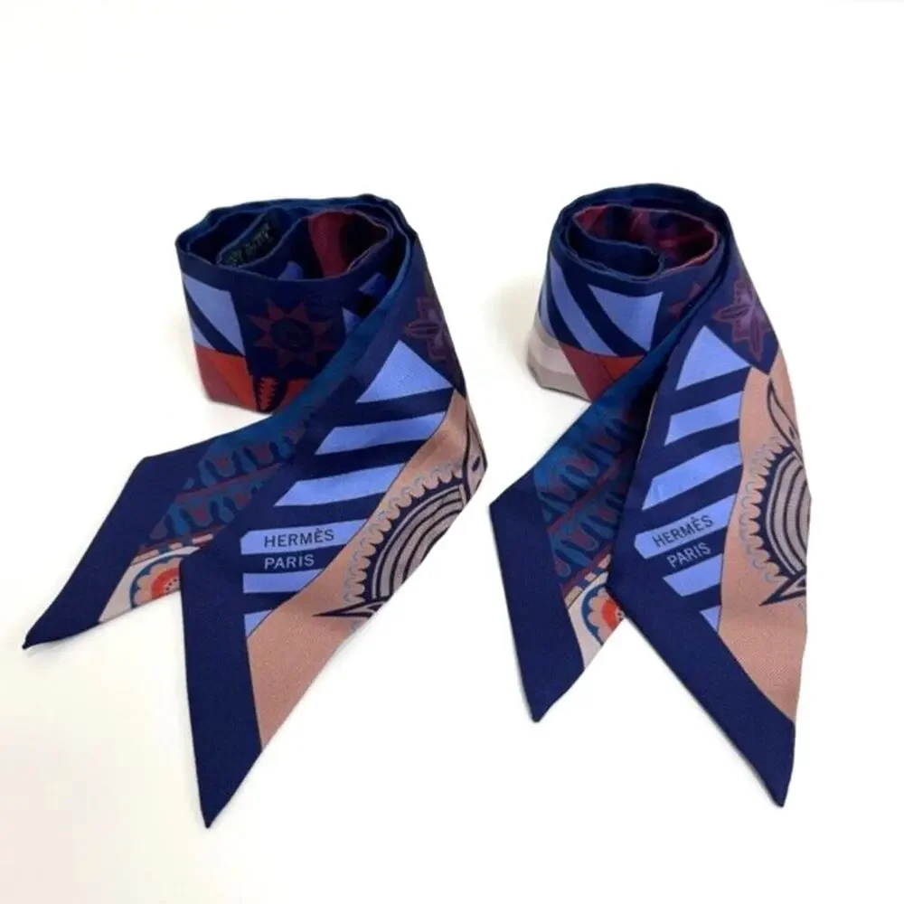 HERMES Epaulettes de Gala Blue Multicolor Silk Twilly Set of Two Neck Scarfs